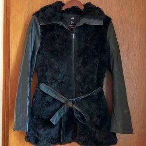 Black Faux Fur & Vegan Leather Belted Winter Coat